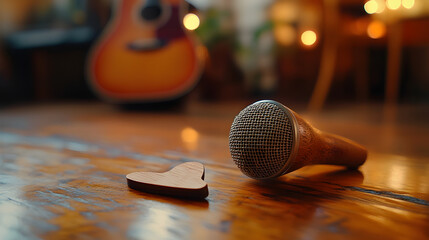 Acoustic guitar and microphone on a wooden floor with a small heart symbol evoking music and love