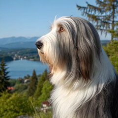 Bearded Collie, Bearded Collie dog sunlight from the side makes it more visible and beautiful, close-up, natural background