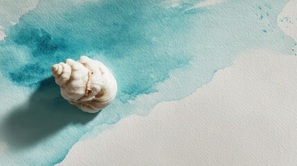 Pure white background with a single seashell and subtle turquoise watercolor brushstroke, elegant minimal design, spacious area for travel typography, 16:9