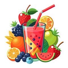 Fresh fruit juices with a mix of tropical and citrus fruits and berries, served in glasses against a white background