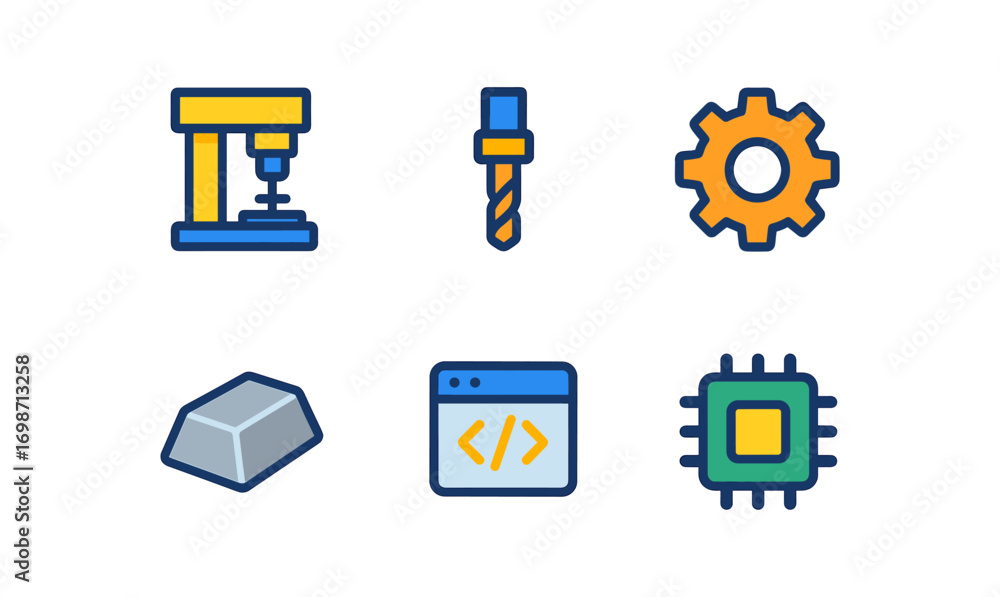 Poster cnc machining icons collection for industrial and technological design projects