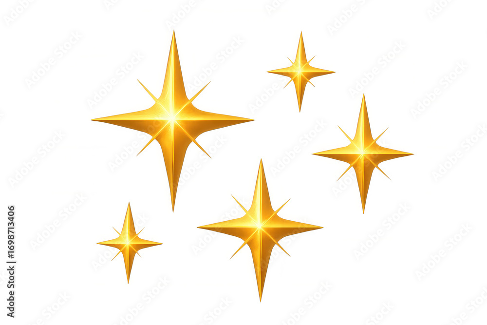 Poster five four-pointed golden stars are shining brightly on a transparent background, creating a magical 