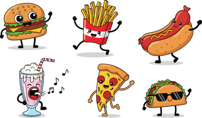 Cute cartoon fast food characters including burger, pizza, fries, hotdog, taco, milkshake vector illustration with funny faces and expressions.