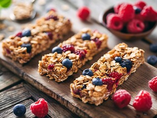 Fototapeta premium oat granola bars with berries on wooden table, natural light, immersive textures, lifestyle snack stock JPG 4