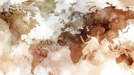Abstract watercolor background in earthy tones, suggestion of a world map in faint texture, negative space for travel typography, 16:9
