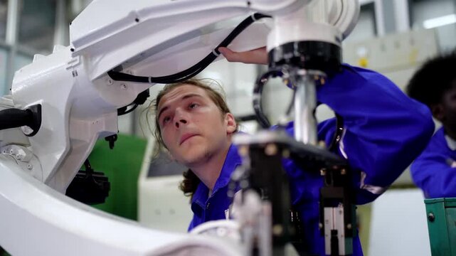 Robot Maintenance Team: A focused technician in blue overalls works on a sophisticated robotic arm in a modern industrial setting, highlighting precision engineering and collaborative effort.