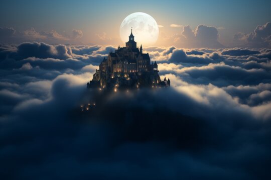 A floating castle above a sea of clouds, illuminated by soft moonlight 