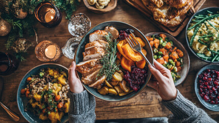 A cozy holiday dinner scene with hands holding a plate of roasted turkey vegetables and cranberry sauce