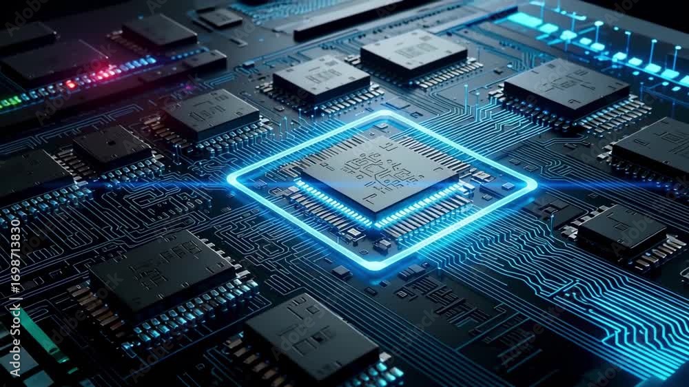 Poster dynamic glowing circuit board with central processor powering technological innovation and advanced 