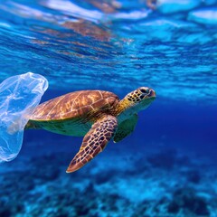 Obraz premium Sea turtle swimming gracefully in clear blue ocean, encountering plastic pollution in vibrant coral reef