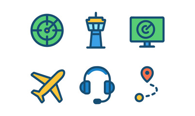 Air traffic control icon set – aviation radar, tower, headset, path, and plane elements for design