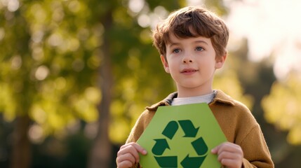 Young boy holding a green recycling symbol outdoors, promoting environmental awareness in a sunny park