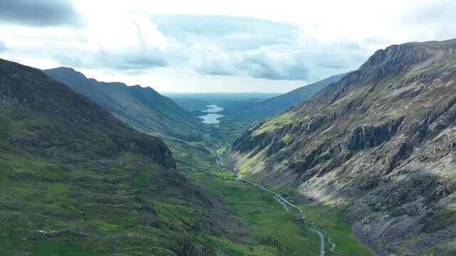 Snowdonia mountains. Wales. Cinematic drone flight