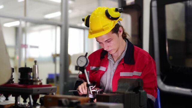 Skilled Machinist at Work: A focused young apprentice, wearing a hard hat and safety ear protection, carefully operates precision measuring equipment in a bustling industrial workshop.