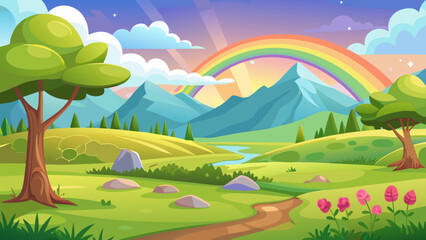 Obraz premium Vector landscape cartoon a wide cartoon meadow with soft green grass in the foreground, gentle hills, a small forest, fluffy clouds and a faint rainbow in the background, warm sunlight, clear and colo