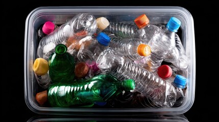 A collection of various plastic bottles in a container, showcasing recycling efforts against a black background