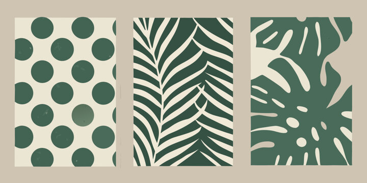 Abstract trio of tropical leaf and polka dot patterns in earthy tones