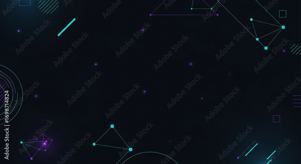 Poster illustration of scattered geometric shapes and glowing dots form a playful abstract design