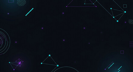 Fototapeta premium Illustration of scattered geometric shapes and glowing dots form a playful abstract design