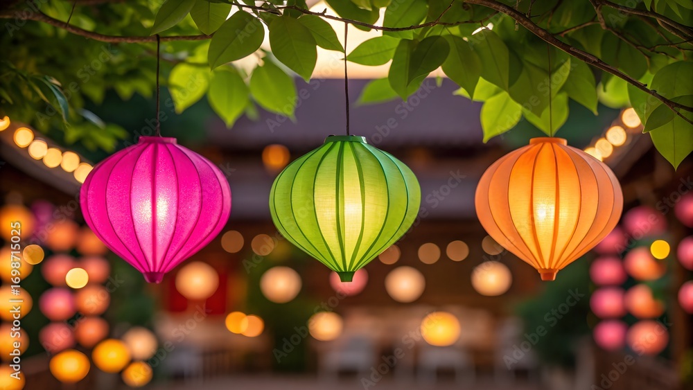 Poster three colorful paper lanterns hanging from a tree branch with bokeh lights pink