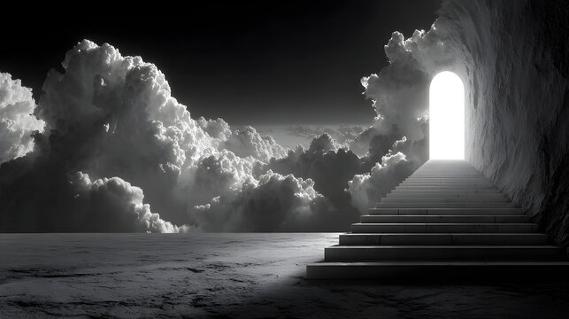 Monochrome vision depicting a surreal stairway ascending dramatically toward clouds and bright light