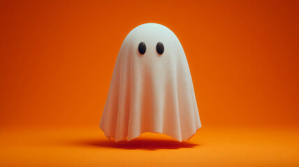 Fototapeta premium On an orange background, a cartoon white ghost. Halloween.