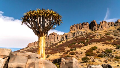 A quiver tree stands amidst rocky terrain, against a backdrop of mountains