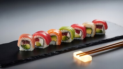 Row of colorful sushi rolls arranged on a black slate plate with chopsticks, showcasing delicious japanese cuisine and food presentation