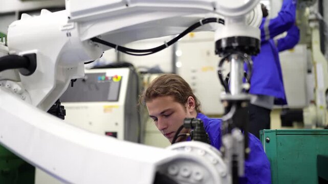Robotic Arm Assembly: A young technician intently works on a sophisticated robotic arm in a manufacturing facility, showcasing the intersection of human skill and automation technology.