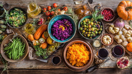 A rustic wooden table filled with colorful autumn vegetables and thanksgiving side dishes
