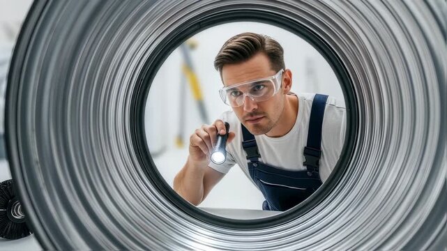 Worker inspecting a cleaned dryer vent duct postrotary brushing proving enhanced airflow and reduced clogging after proper maintenance.