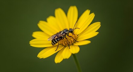 Close up of a hoverfly on a yellow flower.