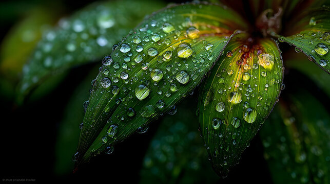 Close-up macro photography of sparkling dew drops and tiny bubbles on a lush green leaf - Powered by Adobe