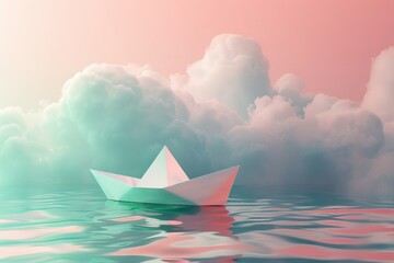 a white paper boat floating on clouds against a gradient background, with a colorful, pink and green color scheme in a minimalist style.