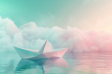 Obraz premium a white paper boat floating on clouds against a gradient background, with a colorful, pink and green color scheme in a minimalist style.