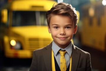 Smiling Scandinavian boy in front of a yellow school bus. September and the beginning of school classes. He smiling and looking at camera.