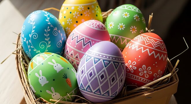 Colorful Easter Eggs in a Basket.
