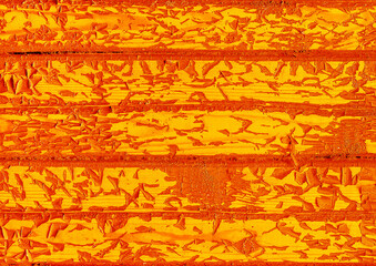 Old peeling orange bright paint wood plank messy board abstract wooden surface obsolete texture weathered background