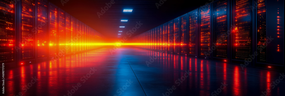 Poster vibrant, futuristic data center hallway with endless rows of glowing server racks, illuminated by ra