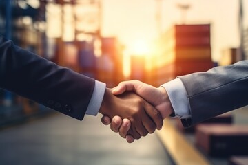 Global transactions and cargo transportation. Handshake. Make a deal. Business. In the background is a large container warehouse.