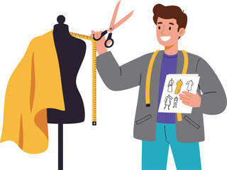 Professional male fashion designer character at work, holding scissors and a sketchbook next to a mannequin