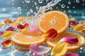 Vibrant bright orange slices paired with colorful petals create a refreshing splash in the serene water