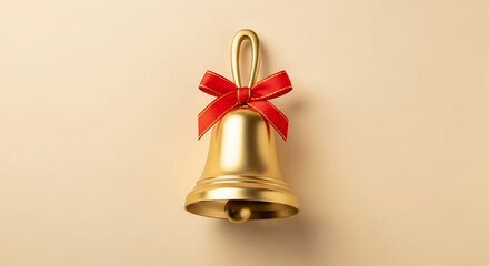 A classic symbol of the winter holiday season, a shiny golden bell adorned with a festive red ribbon, isolated on a light background