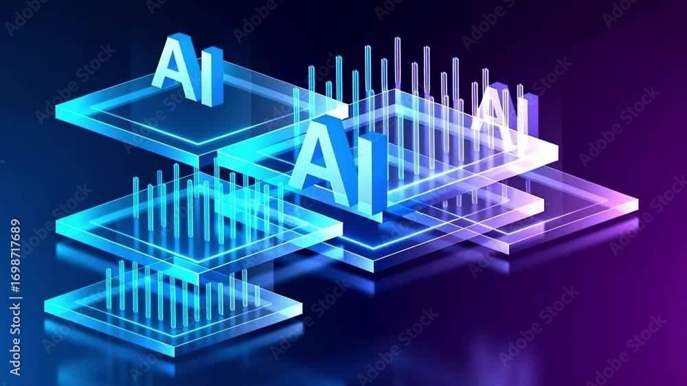 Poster dynamic ai technology concept with glowing platforms and digital intelligence in a futuristic networ