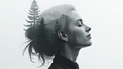 Double exposure of woman’s profile with forest and mountain imagery.  
