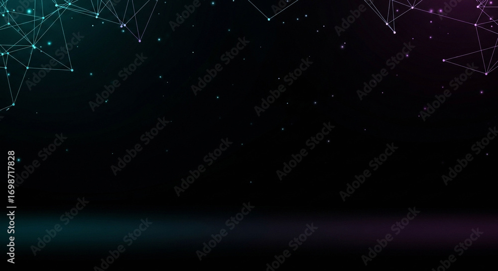 Poster illustration of abstract digital network with glowing lights and particles against a dark backdrop
