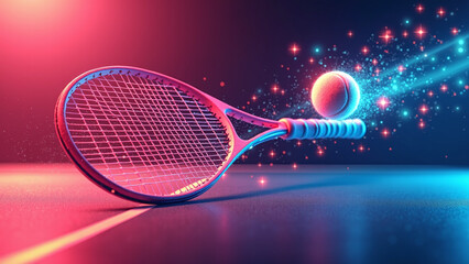 Futuristic tennis scene with glowing ball and vibrant lighting effects.  
