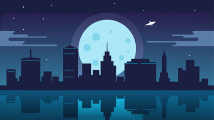 Cityscape silhouette at night with full moon © Rana Islam