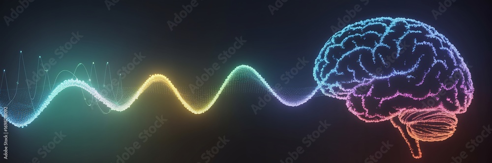 Aufkleber abstract glowing brain with colorful wave of light connecting to it on a dark background