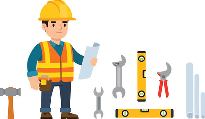 Dedicated construction professional in a hard hat and safety vest, holding blueprints, surrounded by essential building tools, symbolizing a vital profession